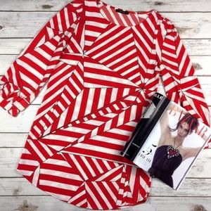 Red and White Striped Geometric Print Shift Dress